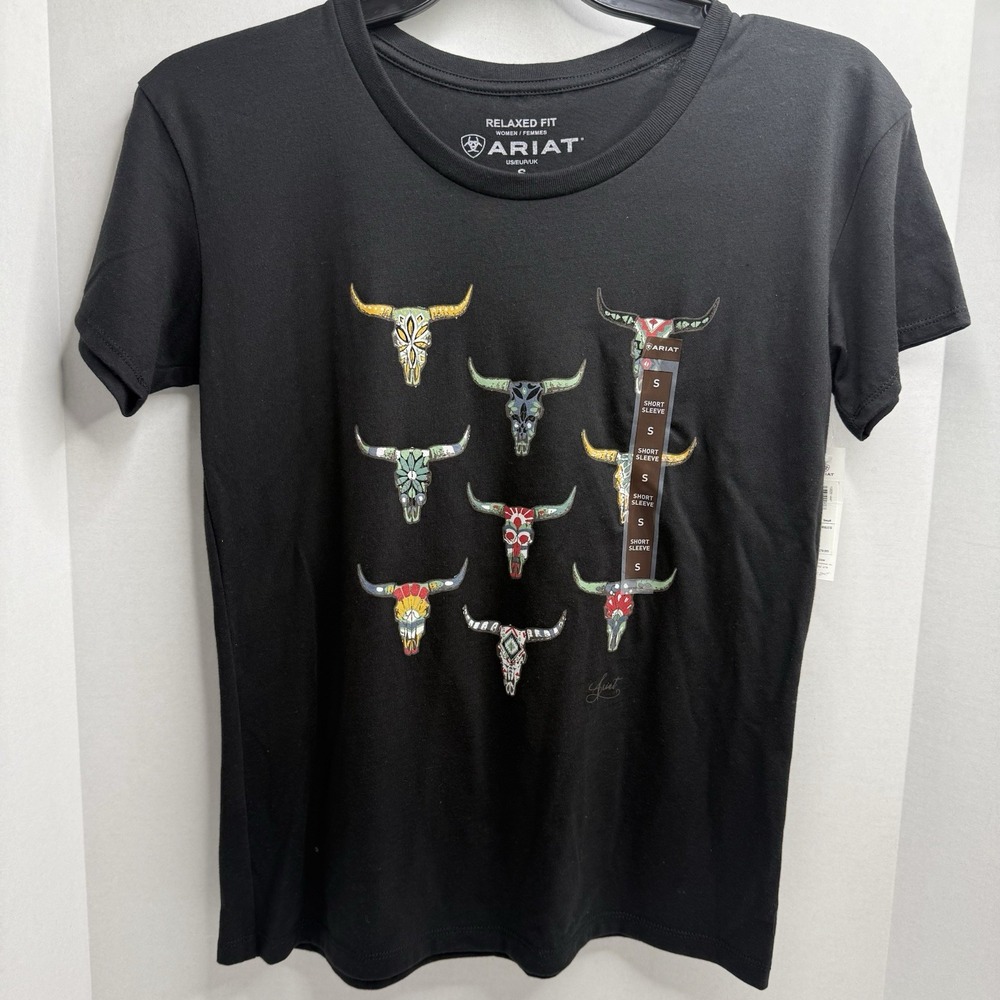 Ariat Deco Skulls Graphic T Shirt Womens Small Black Relaxed Fit 10051441 NWT